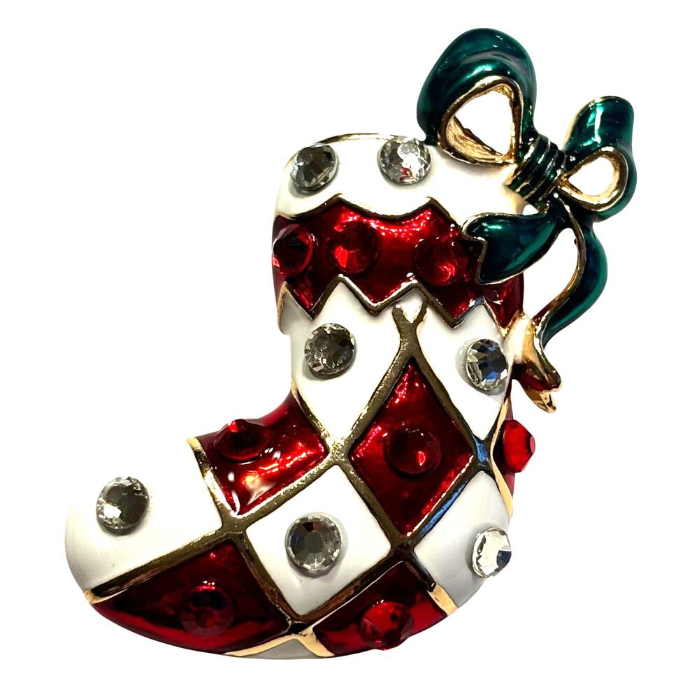 Christmas stocking brooch red & white enamel pin festive holiday pendant